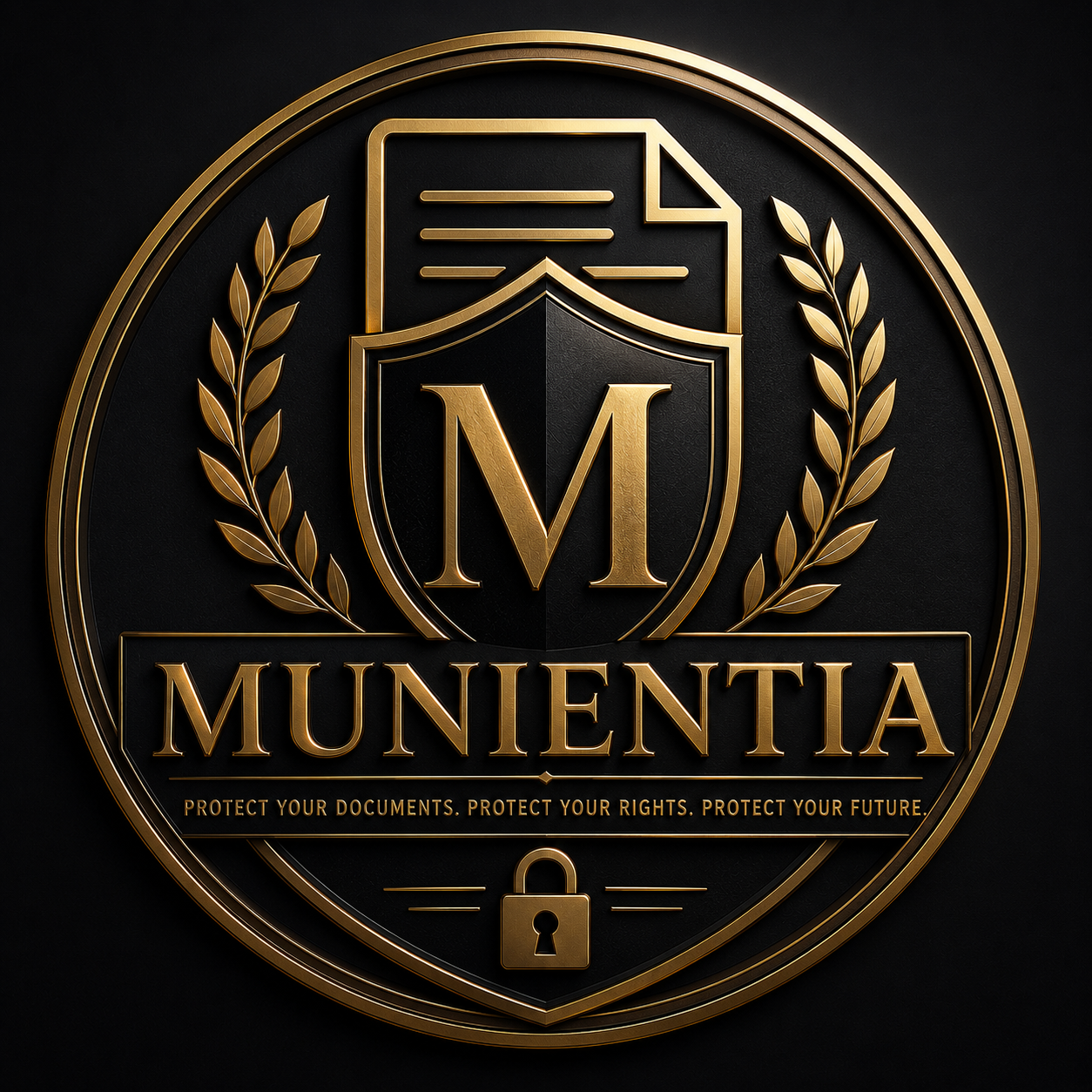 MUNIENTIA gold shield and document emblem